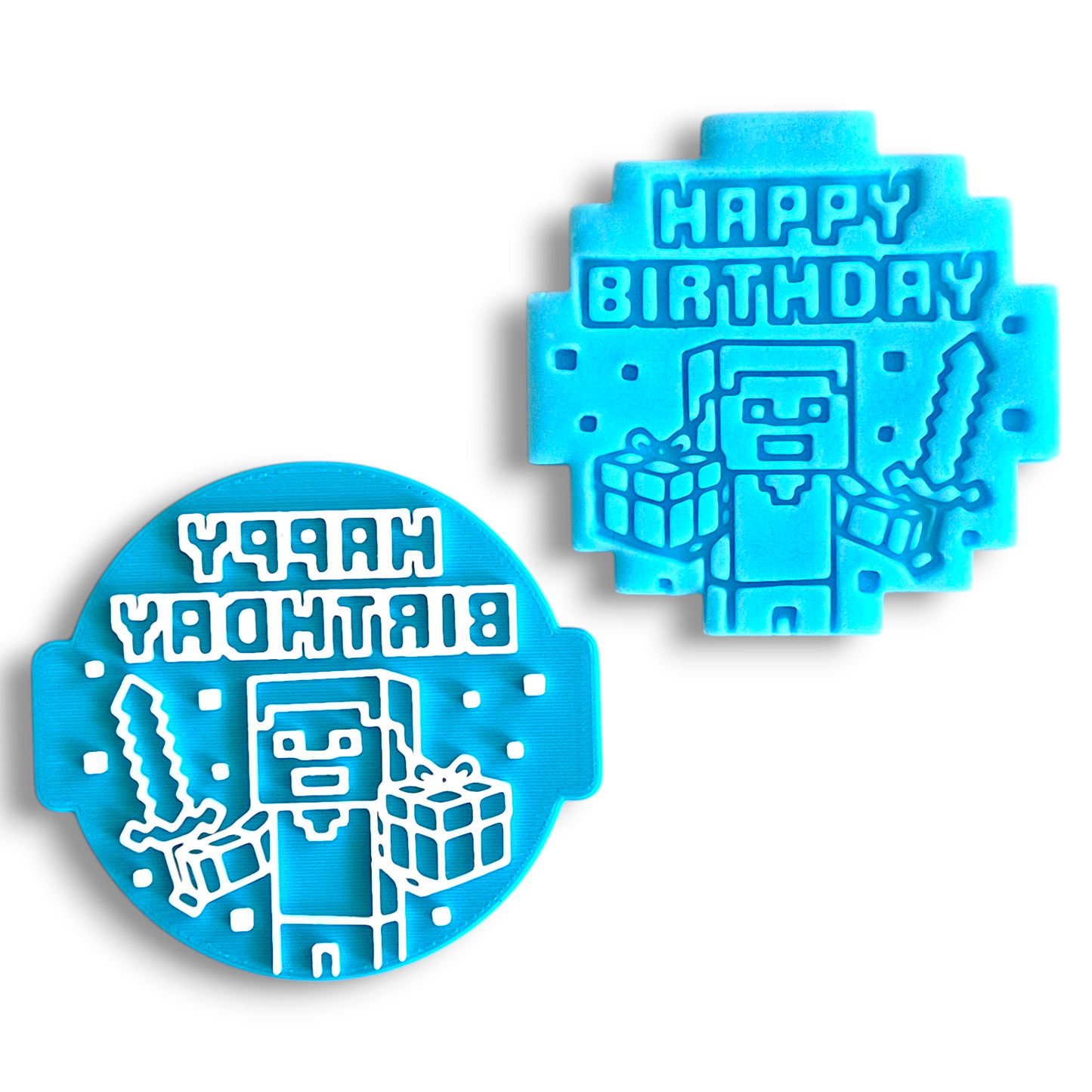 Happy Birthday BlockStyle Embosser Stamp Set 3-Piece (2 Stamps + 1 Cutter) – 6cm (2.36in) Professional Fondant, Icing & Sugarpaste Stamp for Cupcake Toppers, Cookies & Cakes