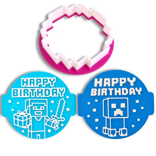 Happy Birthday BlockStyle Embosser Stamp Set 3-Piece (2 Stamps + 1 Cutter) – 6cm (2.36in) Professional Fondant, Icing & Sugarpaste Stamp for Cupcake Toppers, Cookies & Cakes